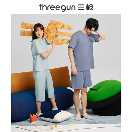 三枪情侣睡衣纯棉夏季休闲薄款日系简约短袖短裤男家居服套装女商品大图