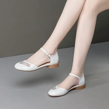 粗跟凉鞋女包头2023夏季新款牛漆皮一字扣小皮鞋四季中空平底单鞋商品大图