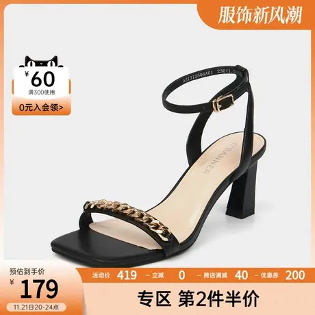 千百度羊皮法式仙女鞋平头一字带露趾女凉鞋罗马绑带时装高跟鞋商品大图