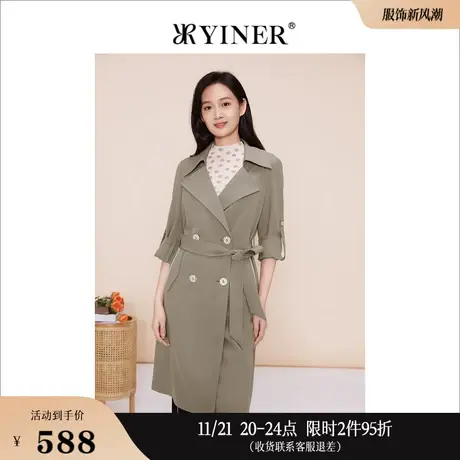 YINER音儿线上专选女装2023春季通勤复古英伦风双排扣风衣商品大图