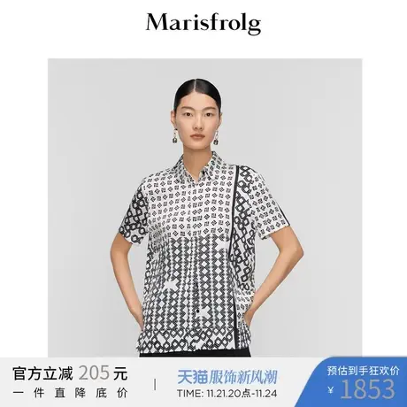 【爽滑抗皱面料】玛丝菲尔2022夏季新款时尚几何印花短袖衬衫女图片