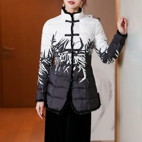 冬季女新款羽绒服2023年气质中国风修身盘扣长袖印花轻薄羽绒外套商品大图