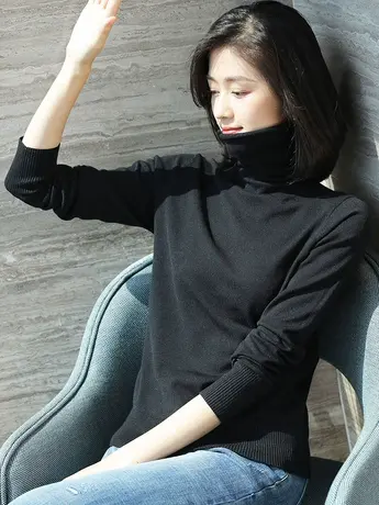 毛衣女秋冬新款高级感堆堆领黑色内搭上衣设计感修身高领针织衫商品大图