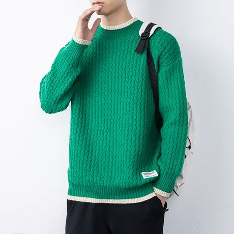 2022秋季新款扭花男毛衣潮流撞色青年大码毛线衣针织衫男装上衣服商品大图