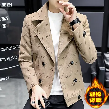 秋冬季加绒加厚呢子夹克男士毛呢双排扣外套休闲短款大衣潮流男装商品大图