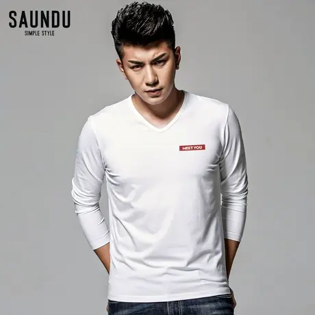 莫代尔长袖t恤男秋装V领男装简约白色上衣服小衫修身打底衫潮秋衣商品大图