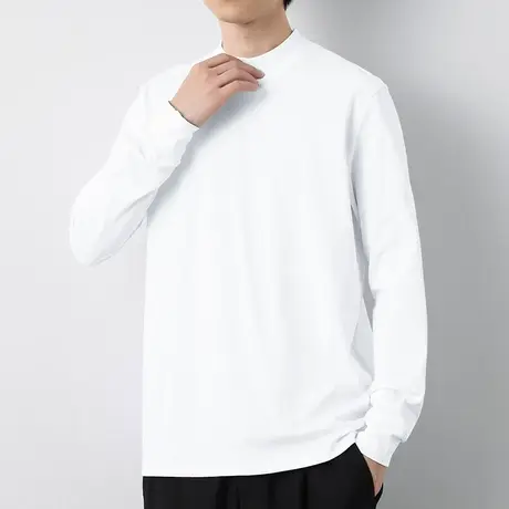 重磅纯棉长袖t恤男纯色白色半高领内搭打底衫加绒加厚中领秋衣服商品大图