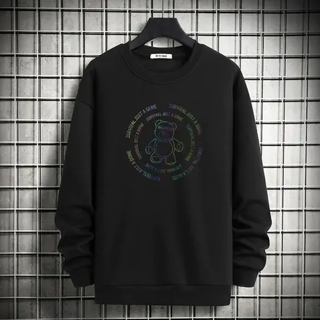 2024新款黑色卫衣男宽松潮流百搭春秋款加绒小熊无帽圆领长袖t恤商品大图