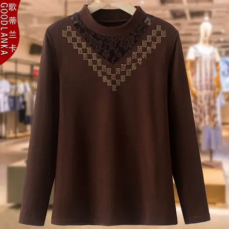加肥加大码女装秋冬季长袖镶钻上衣气质胖妈妈蕾丝拼接德绒打底衫图片