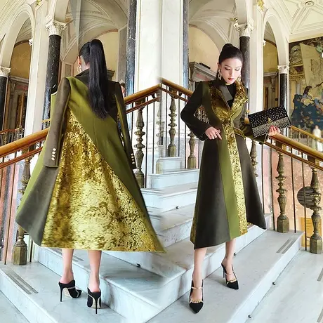 VJE秋冬季中长款大衣女新款时尚长袖翻领过膝毛呢外套商品大图