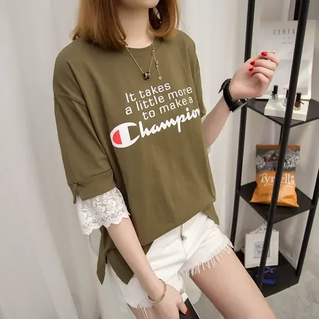 2025春装新款韩版花边蕾丝拼接短袖白色T恤女圆领休闲宽松上衣潮图片