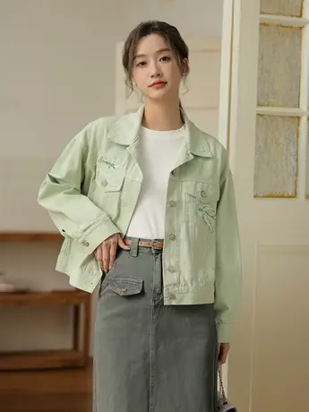 短款牛仔外套女宽松2023秋季新款刺绣工装夹克复古百搭小个子上衣图片