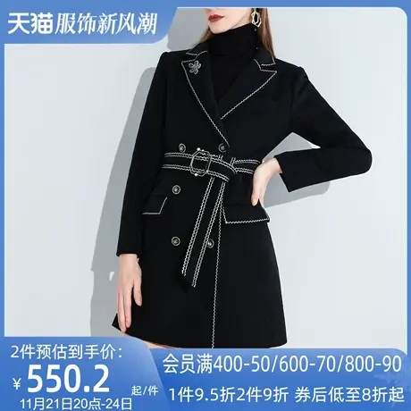 AUI黑色设计感加厚毛呢大衣女冬2024新款高端气质小个子西装外套图片