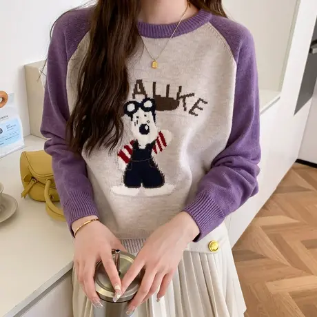 圆领毛衣2023新款女秋冬小个子上衣卡通宽松外穿内搭打底针织衫女商品大图