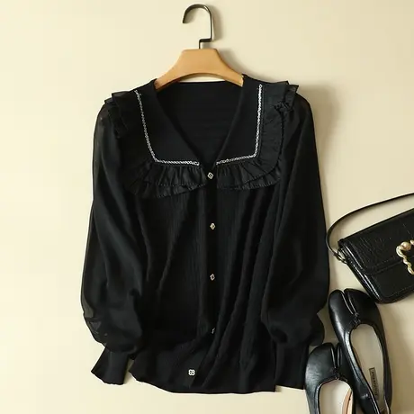 雪纺袖冰丝针织假开衫女春装2024年新款宽松上衣洋气蕾丝打底衫女商品大图