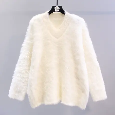 白色仿水貂绒毛衣女秋冬2023新款日系慵懒风宽松外穿V领针织上衣图片