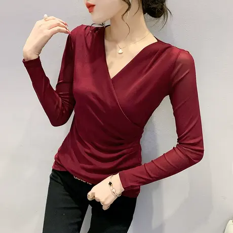 时尚交叉V领T恤女长袖欧货性感网纱上衣春秋设计感小众加绒打底衫商品大图