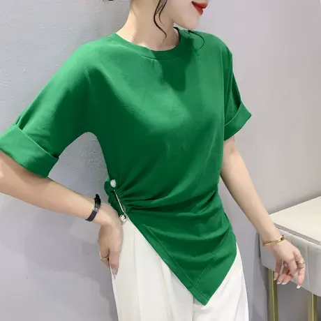 欧货不规则设计感T恤女潮流ins下摆斜边开叉上衣纯色洋气百搭体恤商品大图