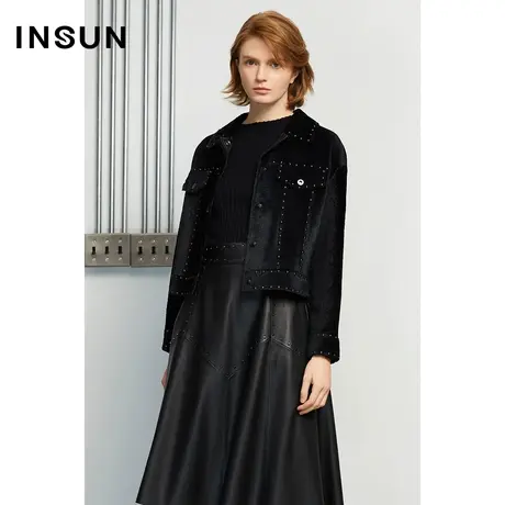 INSUN恩裳冬季工装风铆钉短款羊皮外套商品大图