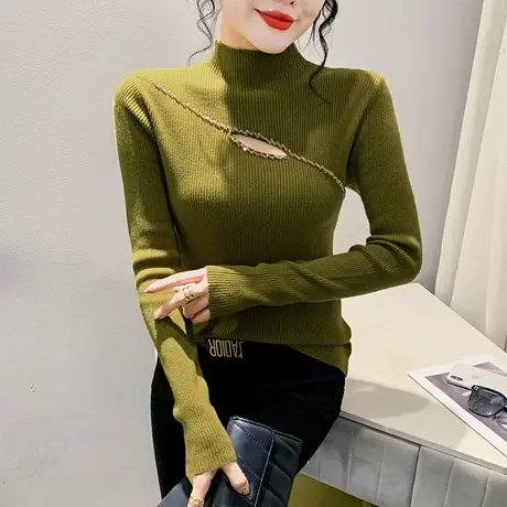 套头半高领毛衣女装长袖性感镂空钉珠拼接上衣别致简约修身针织衫商品大图