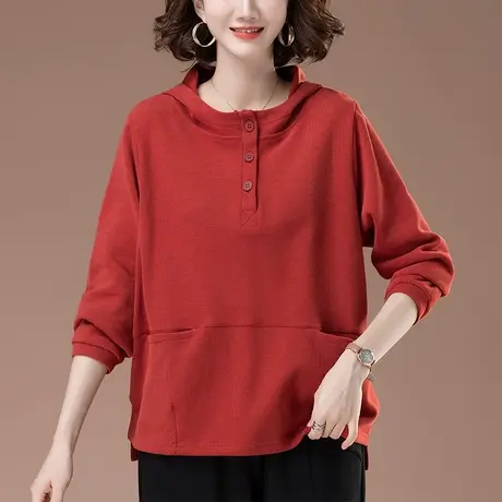 中老年妈妈卫衣女春秋新款大码女装上衣宽松连帽纯色百搭休闲外套商品大图