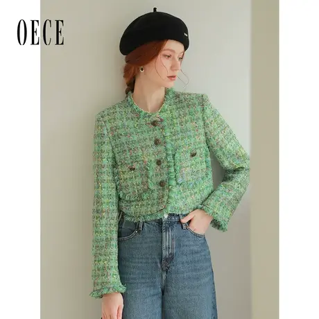 Oece复古绿显白外套女春季新款女装小香风呢子短外套小个子图片