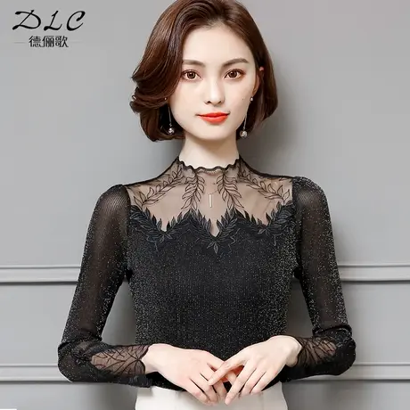 2024新款蕾丝打底衫女秋冬性感高领薄款网纱上衣镂空内搭洋气小衫图片
