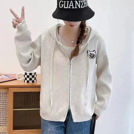 秋装新款2023连帽针织衫开衫休闲刺绣卫衣外套拉链毛衣小个子上衣图片