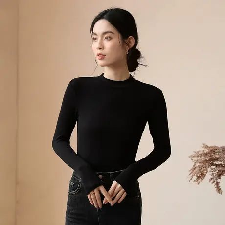 莫代尔小高领打底衫女秋冬2023新款黑色内搭洋气加绒长袖t恤上衣商品大图
