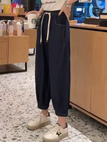 韩版松紧腰抽绳系带裤宽松显瘦九分牛仔灯笼裤女春夏季新款裤子潮商品大图