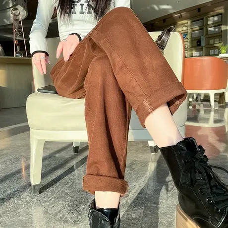 焦糖色牛仔裤女春秋卷边宽松直筒咖色爆款裤子显瘦高腰哈伦老爹裤图片
