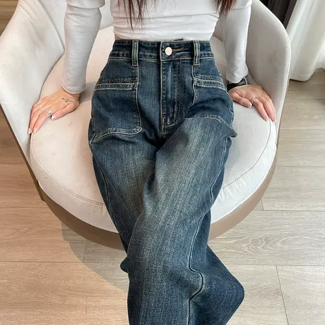 窄版直筒牛仔裤女春秋季2023新款美式复古高腰显瘦百搭拖地阔腿裤商品大图