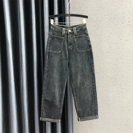 欧货复古老爹牛仔裤女2023秋冬新款立体口袋高腰百搭加厚哈伦裤潮图片