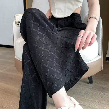 黑色冰丝阔腿裤女夏季薄款高腰垂感窄版宽松显瘦休闲直筒拖地长裤商品大图