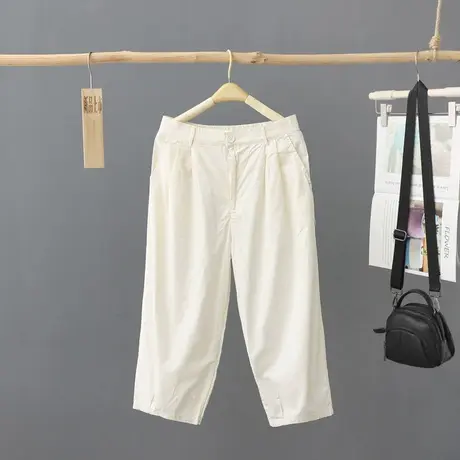 夏季新款七分哈伦裤女薄款松紧高腰纯色休闲裤百搭文艺轻薄女裤子图片