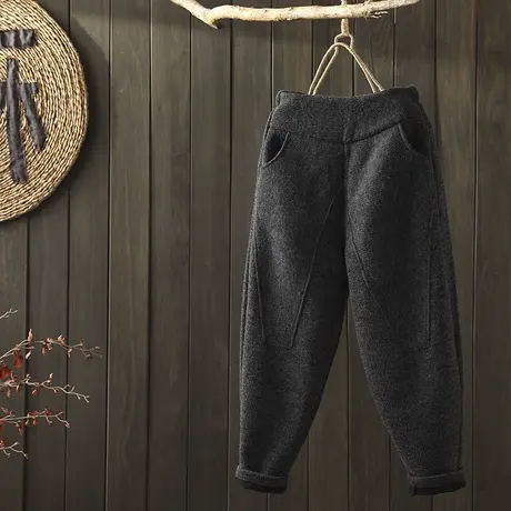 枫谜19年冬季新款文艺简约加绒针织休闲裤女宽松加厚哈伦裤老爹裤图片