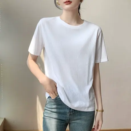 雪花棉短袖T恤女夏季新款圆领正肩宽松休闲薄款透气纯色半袖上衣商品大图