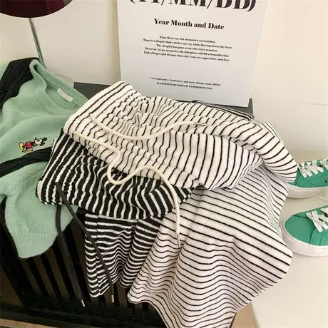 黑白条纹毛巾布针织阔腿裤女春秋高腰宽松直筒慵懒显瘦拖地休闲裤商品大图