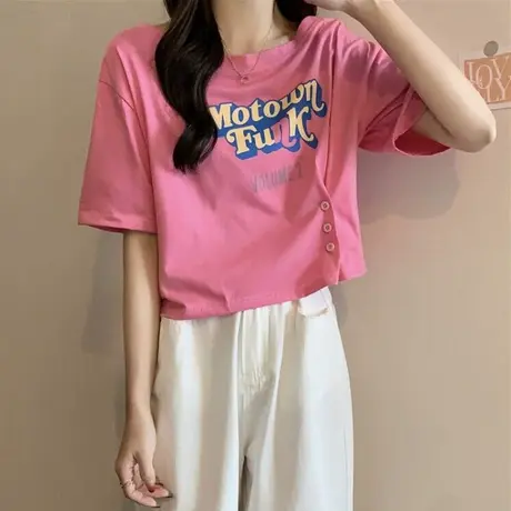 复古美式短袖T恤女韩版百搭2025新款早春夏装修身小个子短款上衣商品大图