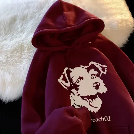 连帽卫衣女oversize酒红色加绒款ins潮牌秋冬加厚复古简约风外套商品大图
