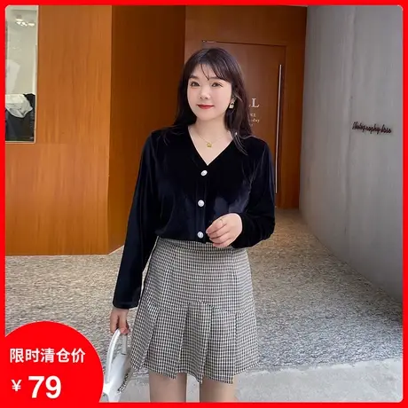 【清仓】24春季新款V领显瘦气质百搭遮肉简约法式胖MM丝绒女上衣商品大图