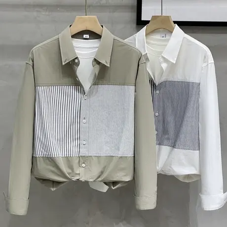 日系学院风秋季休闲衬衣韩版宽松长袖外套撞色拼接条纹衬衫男上衣商品大图