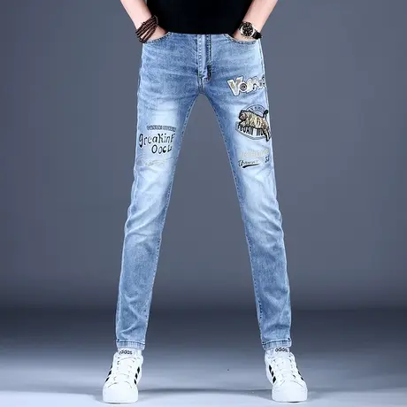 刺绣牛仔裤男款修身小脚秋冬男裤2023新款弹力花裤子高端潮牌潮流商品大图