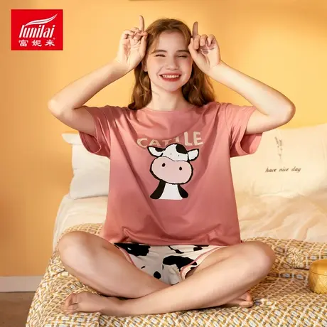 富妮来睡衣女夏季纯棉薄款卡通小奶牛宽松休闲家居服套装可外穿商品大图