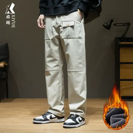 希越奥粒绒男士休闲直筒裤秋冬季宽松大码加绒加厚美式工装长裤子商品大图