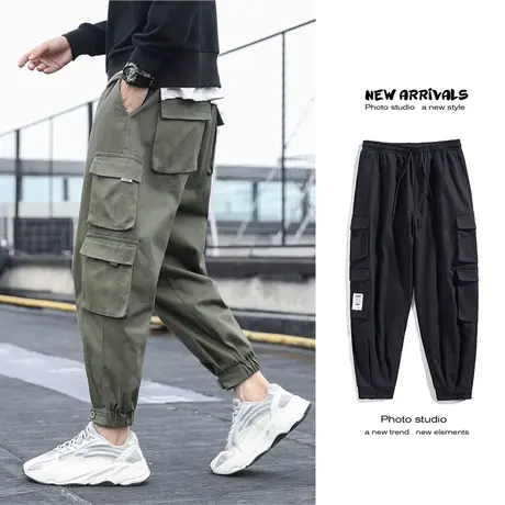 胖子宽松束脚工装裤男潮牌冬季加肥加大码休闲多口袋加绒九分裤子商品大图