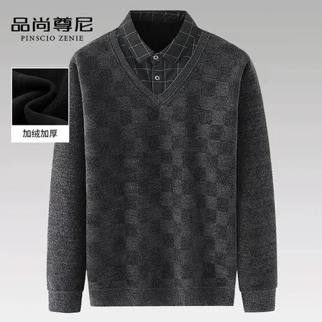 男士上衣秋冬2022新款加绒加厚格子雪尼尔假两件毛衣中老年爸爸装商品大图