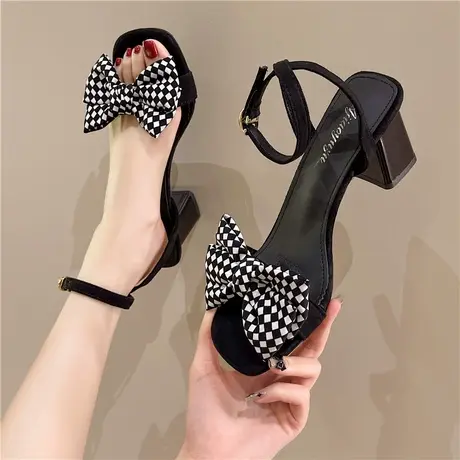 仙女风简约一字扣带凉鞋女夏季甜美蝴蝶结粗跟高跟防滑露趾罗马鞋商品大图