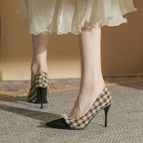 法式小众千格鸟高跟鞋女细跟2023年春季新款浅口百搭尖头职业单鞋图片