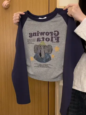 红续卡通小象插肩短款长袖T恤女复古学院风加绒内搭上衣秋冬新款图片